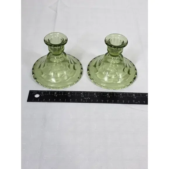 Pair of Vintage Green Glass Candle Holders Hazel Atlas - Picture 3 of 4